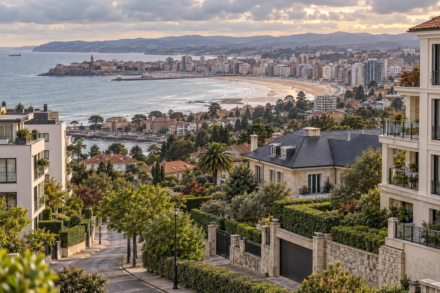 Panorámica costera con playa, edificios residenciales, jardines y viviendas junto al mar