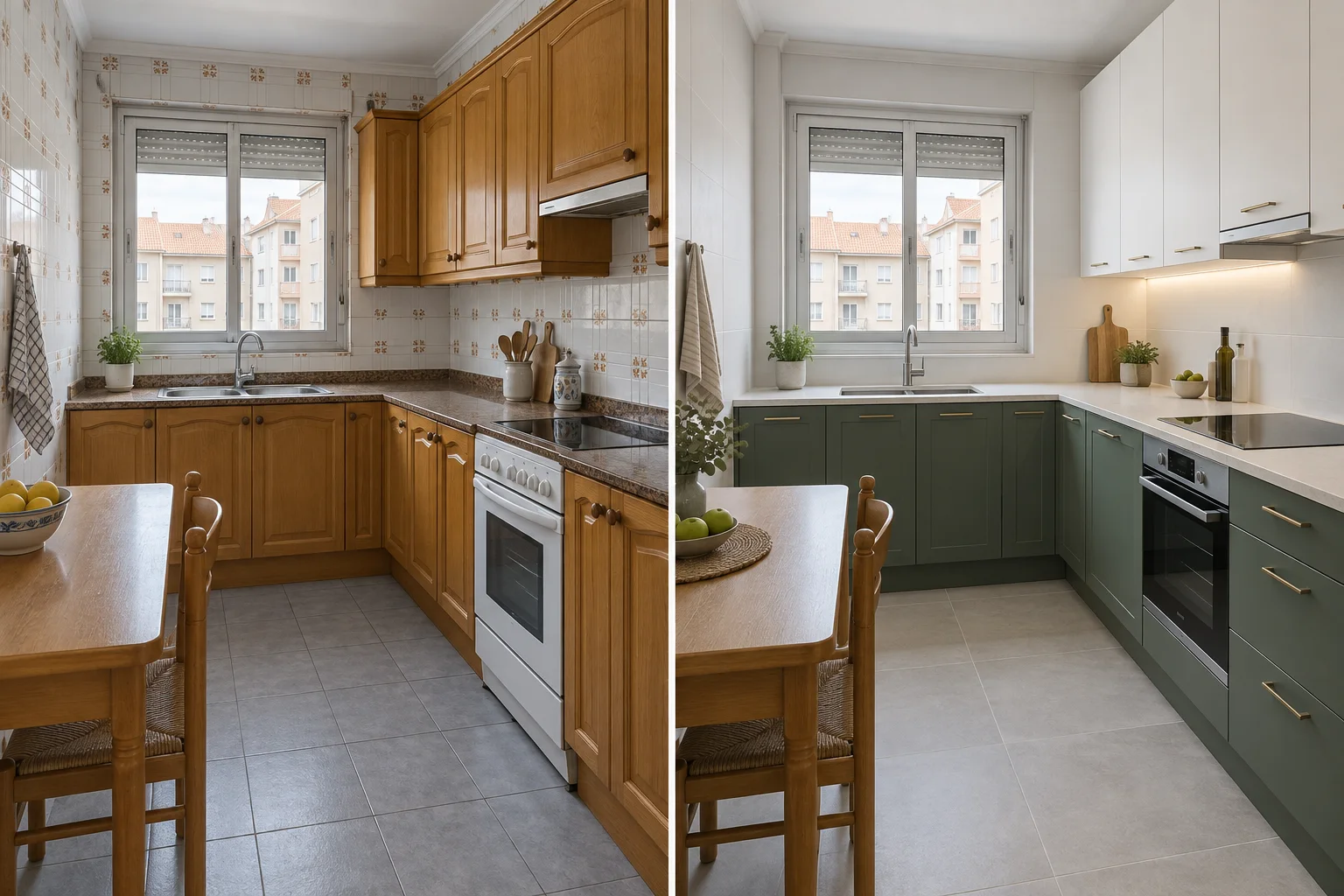 Simulación inicial de cocina con muebles de madera, azulejos decorados y horno blanco