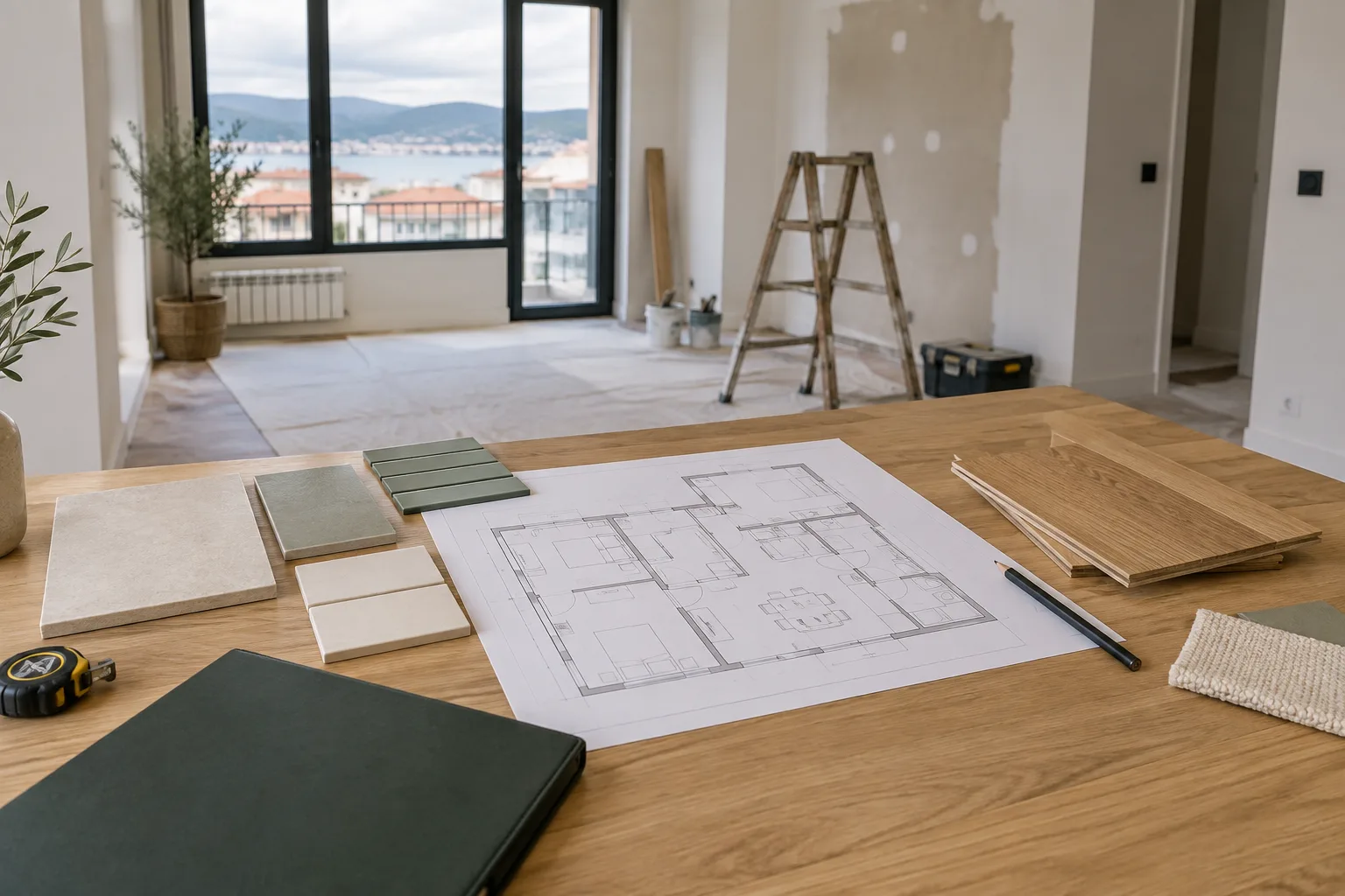 Planos de vivienda, muestras de azulejos y madera, cinta métrica y carpeta sobre una mesa en una estancia en reforma