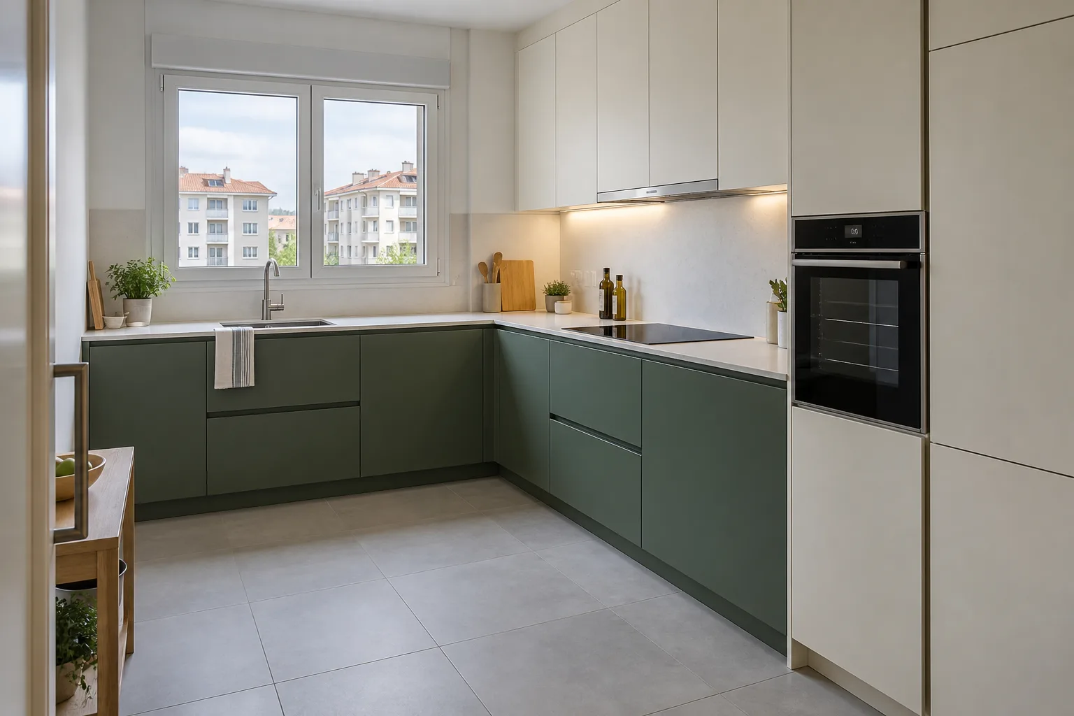 Cocina en L con muebles verdes y blancos