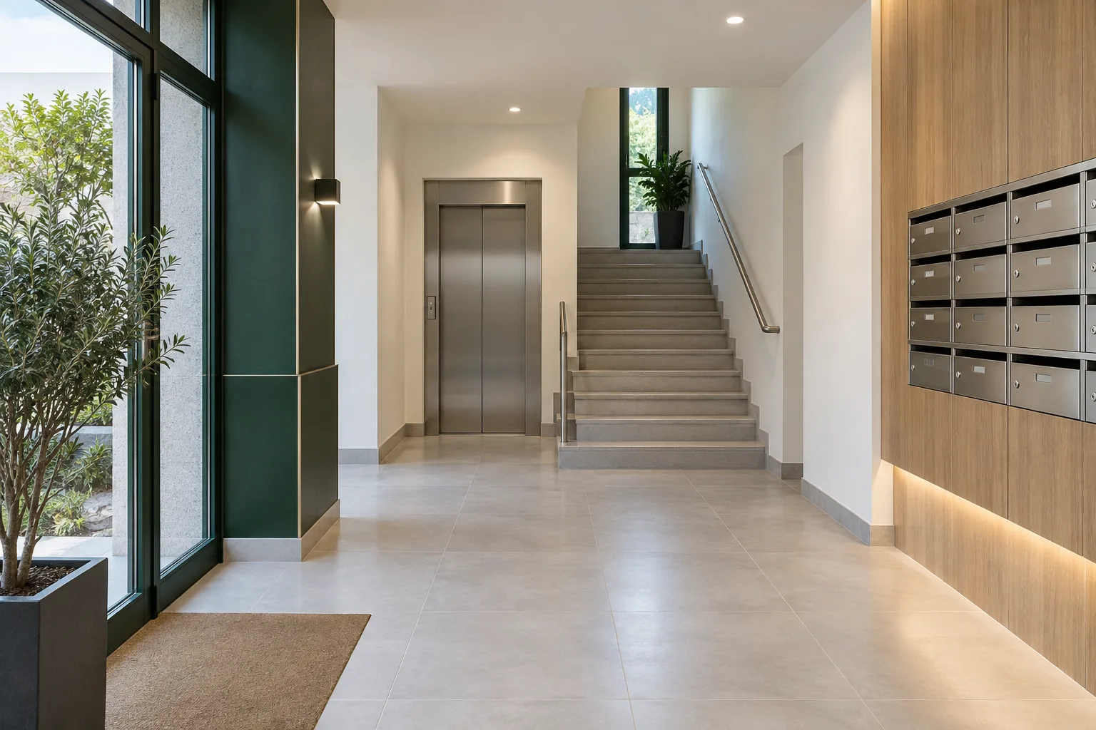 Portal con buzones, escalera y ascensor
