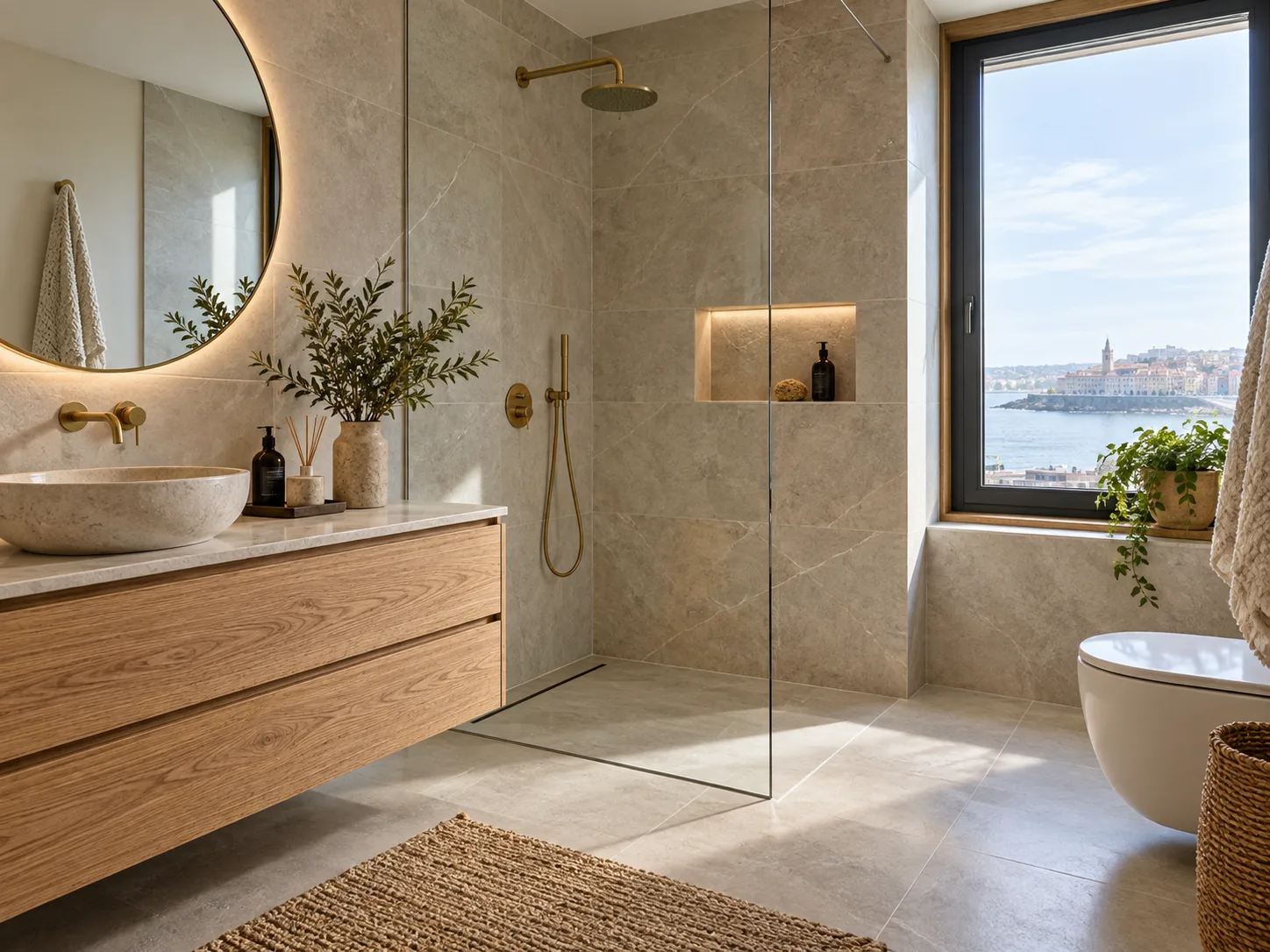 Baño con ducha acristalada y mueble de madera