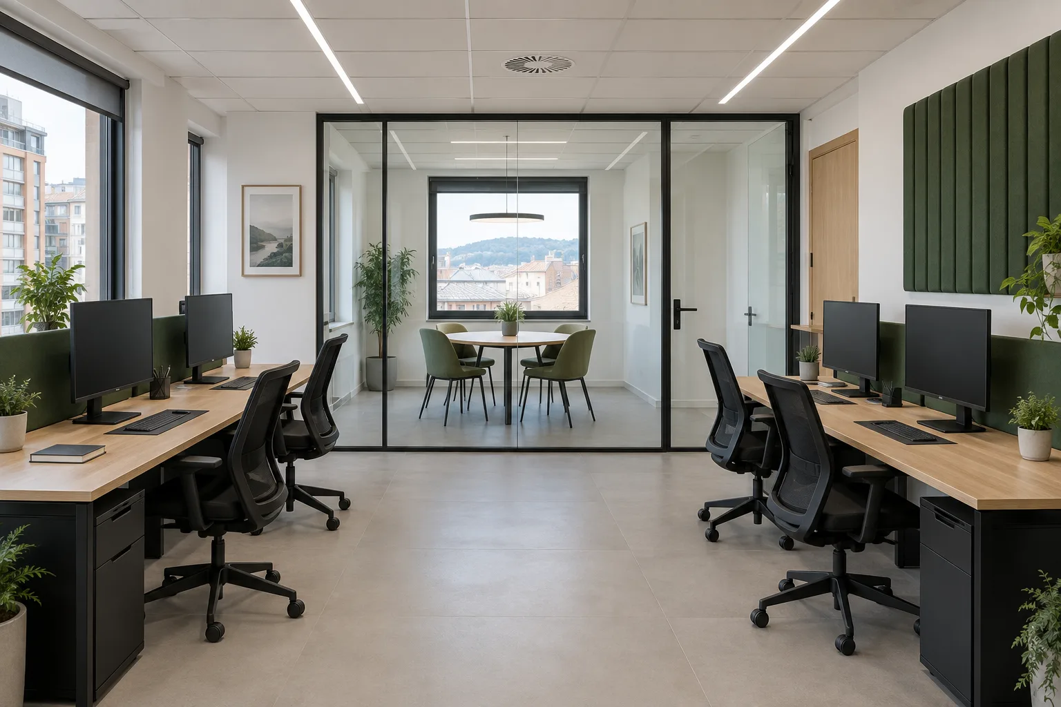Oficina con puestos de trabajo y sala acristalada